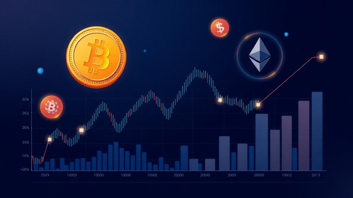 Cryptocurrency trading concept with Bitcoin and Ethereum symbols on analytics charts