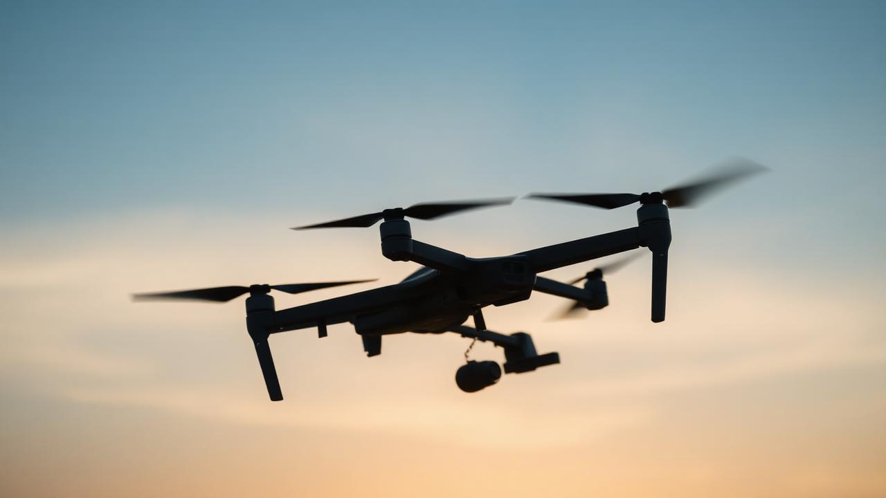 Military drone silhouette flying at dawn against a clear sky