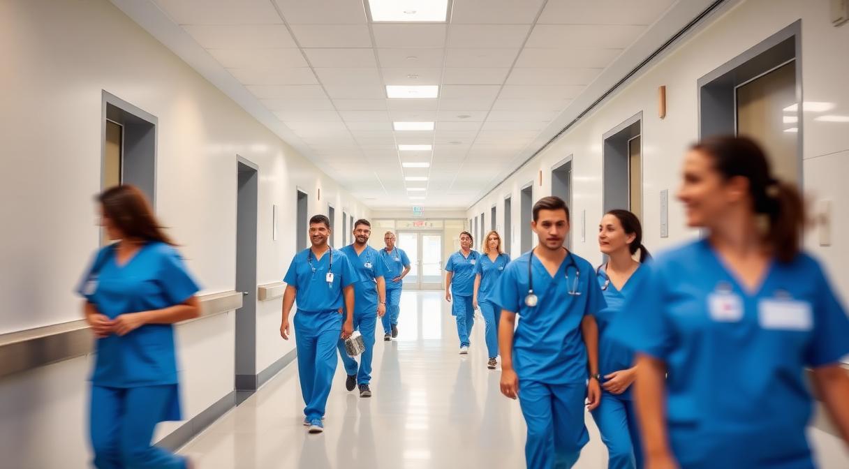 Modern hospital corridor with medical staff and clinical equipment