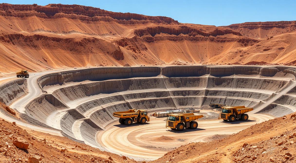 Open-pit lithium and copper mine with haul trucks