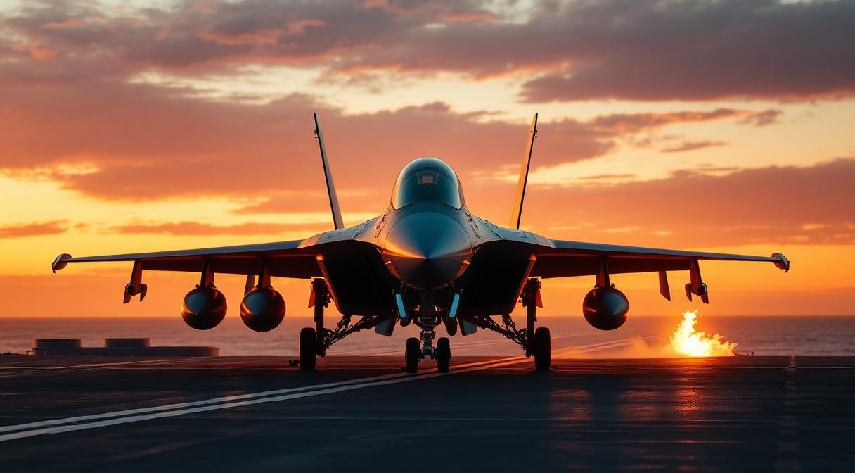 Modern fighter jet on an aircraft carrier deck at dawn