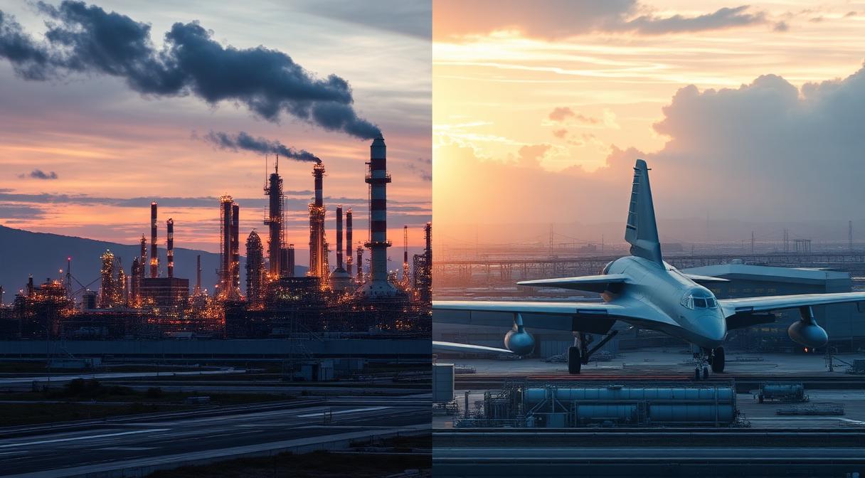 Split-scene of an oil refinery and an aerospace facility at sunset