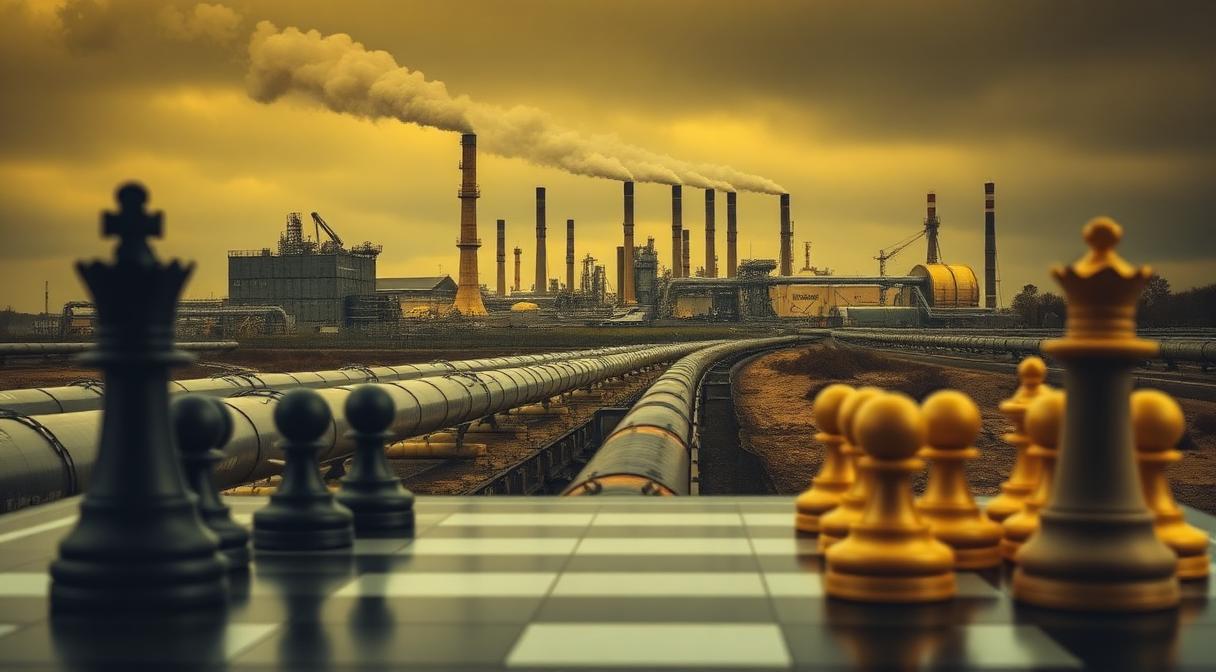 Chess board overlaid on industrial pipelines and weapons facilities