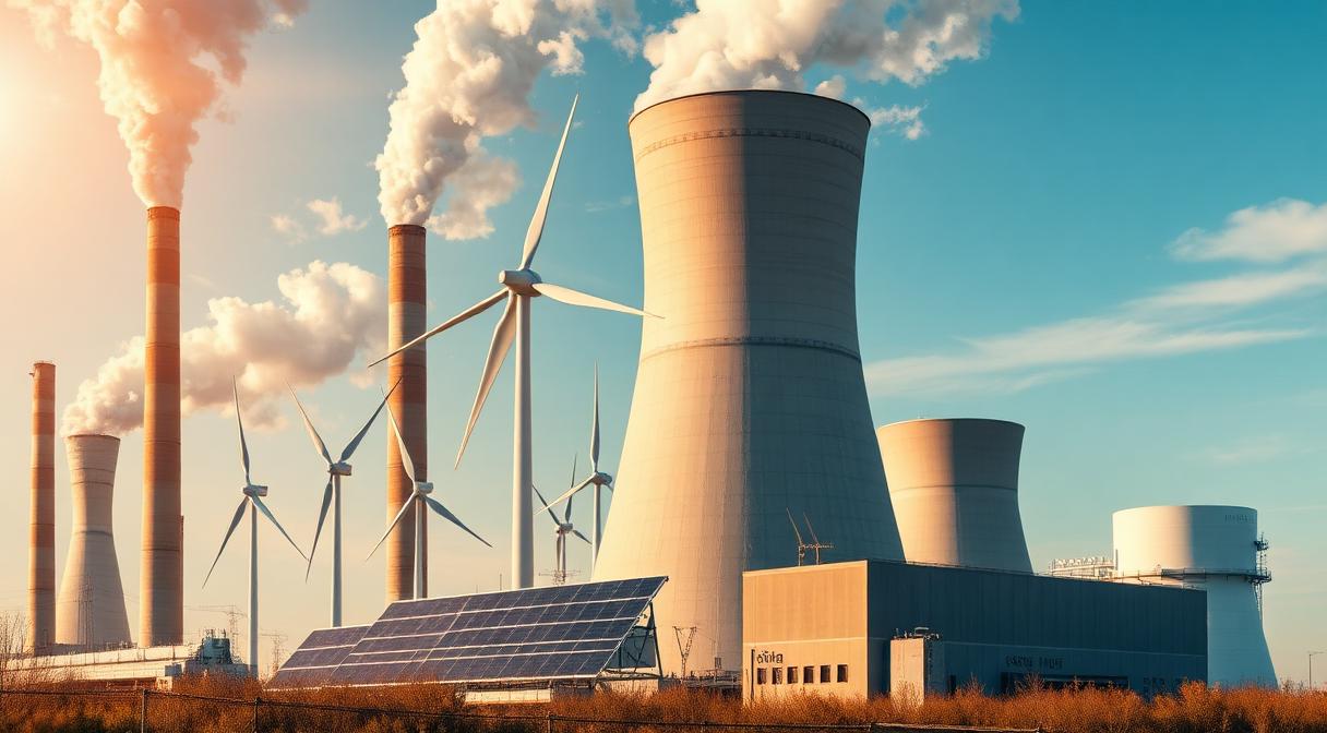 Power plant, wind turbines, solar panels and nuclear cooling tower together