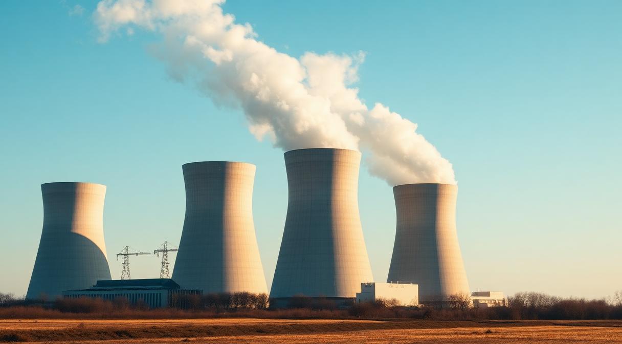 Modern nuclear power plant cooling towers releasing steam