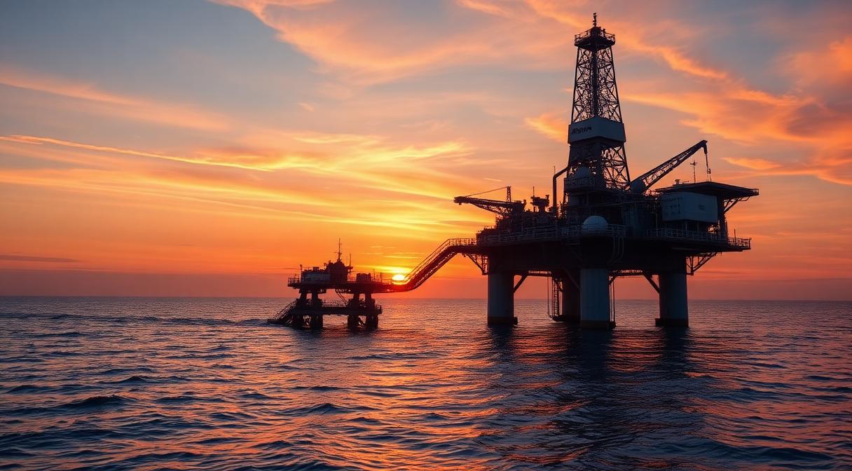 Offshore oil platform silhouetted at sunrise