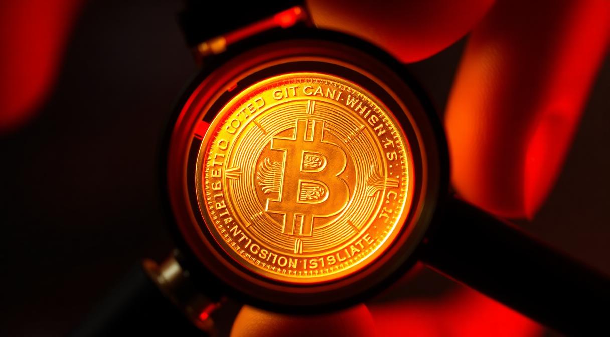 Counterfeit gold coin being inspected under a magnifier
