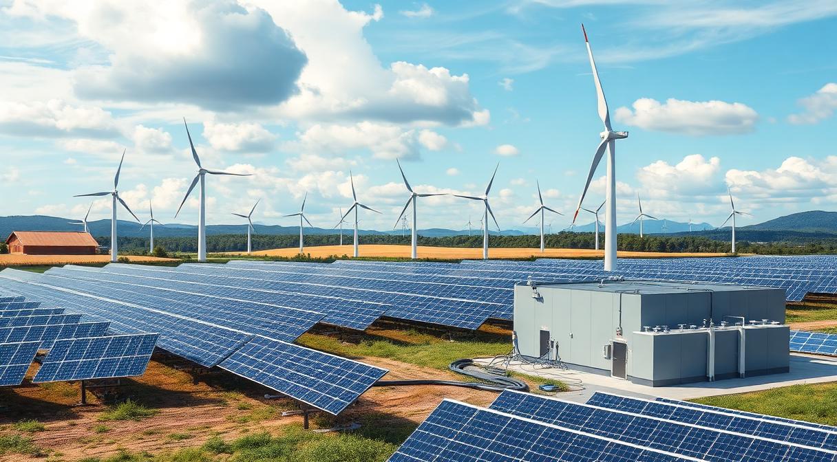 Solar farm and wind turbines connected to grid-scale battery storage