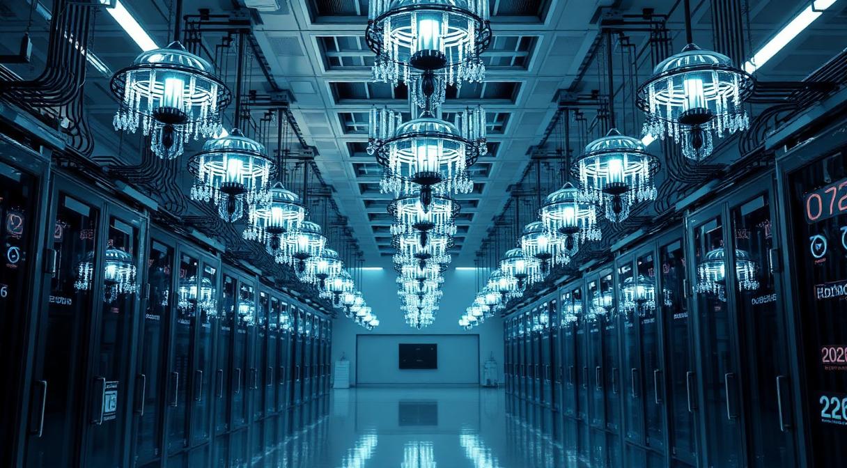 Row of quantum computer chandeliers in a research facility