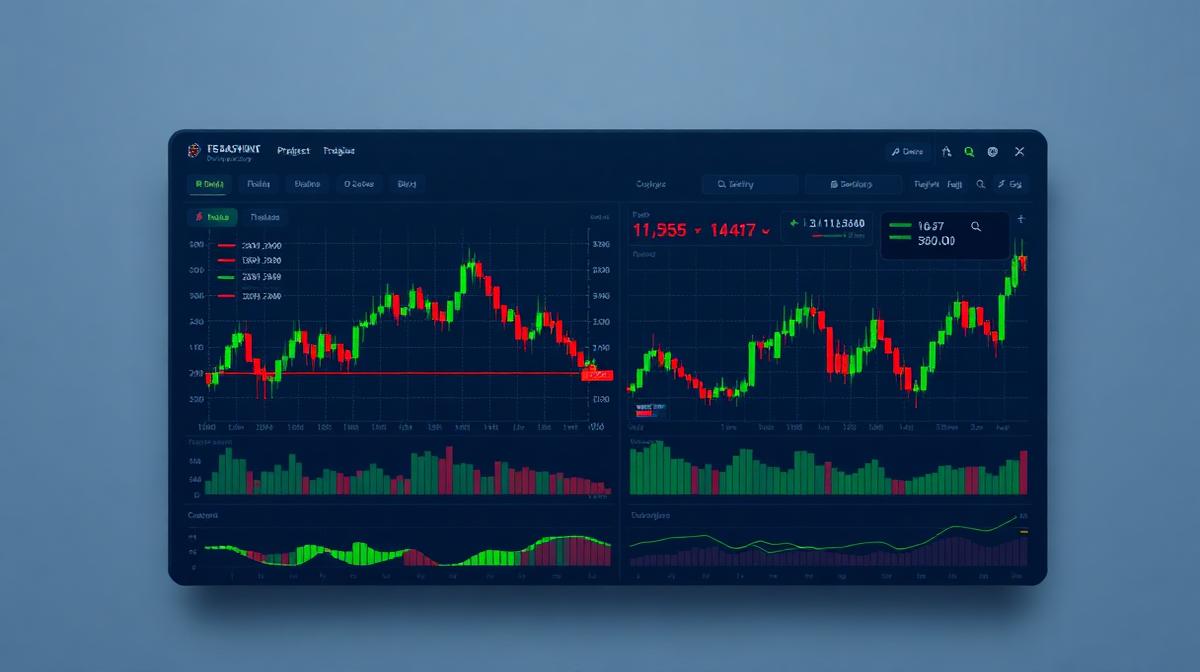 Professional trading platform dashboard with candlestick charts and market data